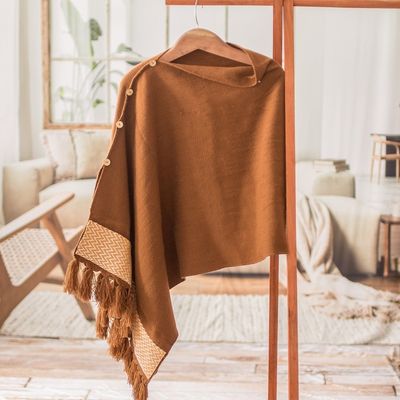 Alternate image for Handloomed Acrylic Cotton Poncho with Geometric Accents Sepia Zigzag