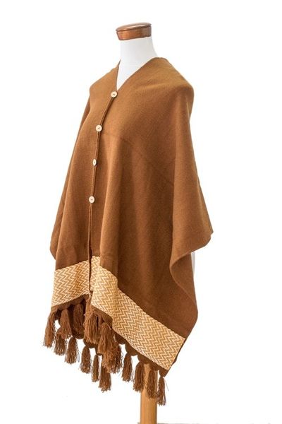 Alternate image for Handloomed Acrylic Cotton Poncho with Geometric Accents Sepia Zigzag