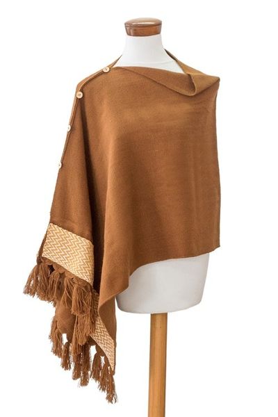 Alternate image for Handloomed Acrylic Cotton Poncho with Geometric Accents Sepia Zigzag