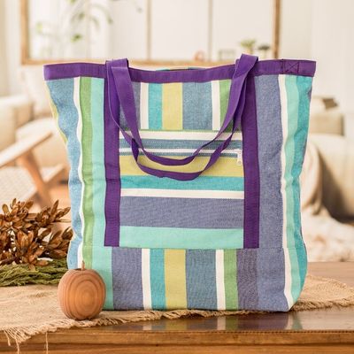 Alternate image for Striped Cotton Shopping Bag in Purple and Green Hues Sustainable Sensations