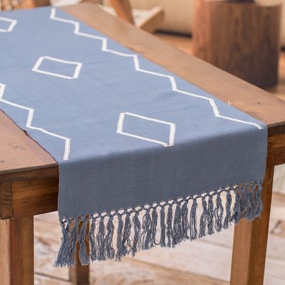 Alternate image for Handloomed Cotton Table Runner in Blue with Diamond Patterns Weaving with Love