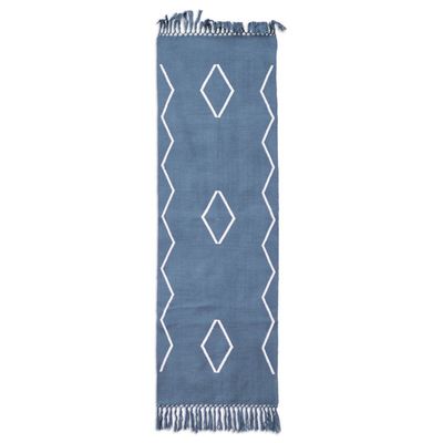 Alternate image for Handloomed Cotton Table Runner in Blue with Diamond Patterns Weaving with Love