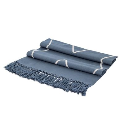 Alternate image for Handloomed Cotton Table Runner in Blue with Diamond Patterns Weaving with Love