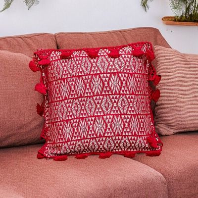 Alternate image for Handwoven Geometric Cotton Cushion Cover in Red and White Traditional Motifs in Red