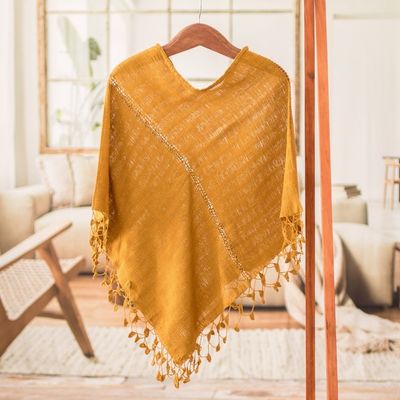 Alternate image for Hand-Woven Yellow Cotton Poncho with Tassels from Guatemala Golden Flair