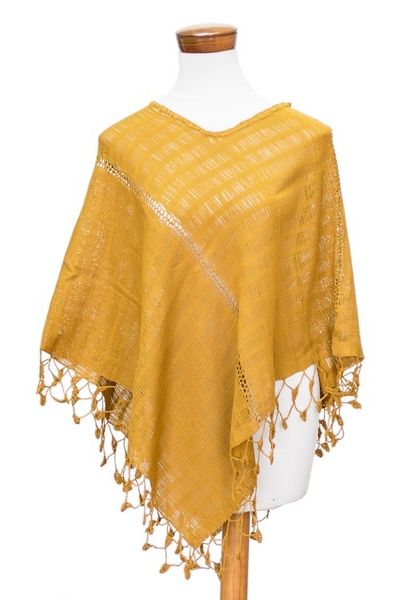 Alternate image for Hand-Woven Yellow Cotton Poncho with Tassels from Guatemala Golden Flair