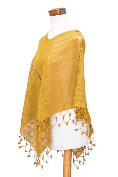 Alternate image for Hand-Woven Yellow Cotton Poncho with Tassels from Guatemala Golden Flair