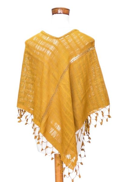 Alternate image for Hand-Woven Yellow Cotton Poncho with Tassels from Guatemala Golden Flair