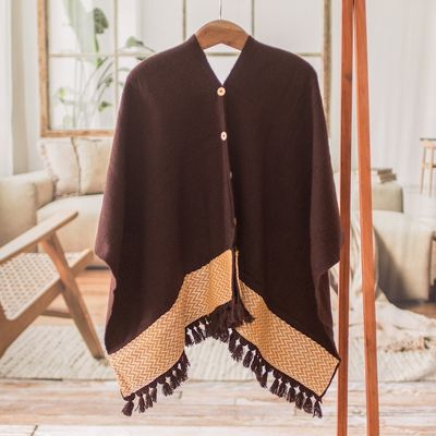 Alternate image for Chocolate-Hued Handwoven Poncho with Wooden Buttons Chocolate Zigzag