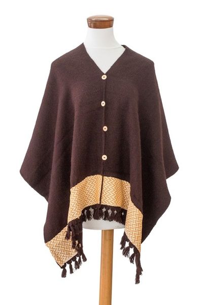 Alternate image for Chocolate-Hued Handwoven Poncho with Wooden Buttons Chocolate Zigzag