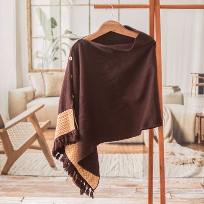 Alternate image for Chocolate-Hued Handwoven Poncho with Wooden Buttons Chocolate Zigzag