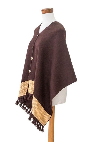 Alternate image for Chocolate-Hued Handwoven Poncho with Wooden Buttons Chocolate Zigzag