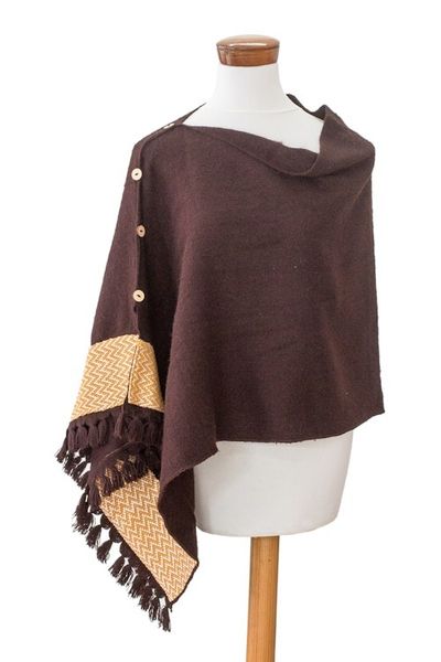 Alternate image for Chocolate-Hued Handwoven Poncho with Wooden Buttons Chocolate Zigzag