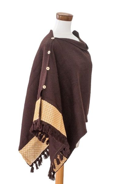 Alternate image for Chocolate-Hued Handwoven Poncho with Wooden Buttons Chocolate Zigzag