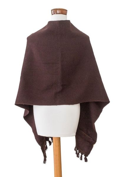 Alternate image for Chocolate-Hued Handwoven Poncho with Wooden Buttons Chocolate Zigzag