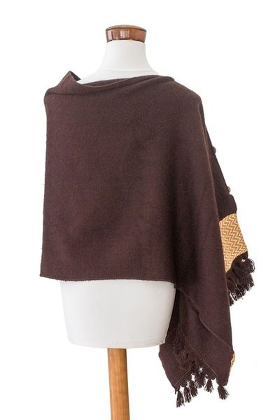 Alternate image for Chocolate-Hued Handwoven Poncho with Wooden Buttons Chocolate Zigzag