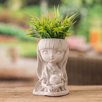 Alternate image for Handcrafted Whimsical Girl and Teddy Bear Cement Flower Pot Wisdom Resilience
