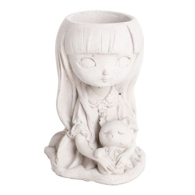 Alternate image for Handcrafted Whimsical Girl and Teddy Bear Cement Flower Pot Wisdom Resilience