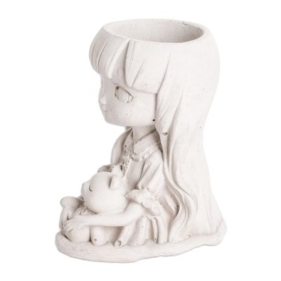 Alternate image for Handcrafted Whimsical Girl and Teddy Bear Cement Flower Pot Wisdom Resilience