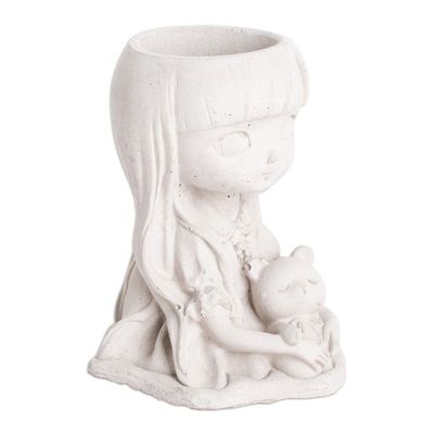 Alternate image for Handcrafted Whimsical Girl and Teddy Bear Cement Flower Pot Wisdom Resilience