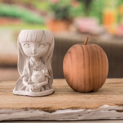 Alternate image for Handcrafted Whimsical Girl and Teddy Bear Cement Flower Pot Wisdom Resilience