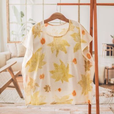 Alternate image for Eco-Printed Leaf-Themed Green and Ivory Cotton Caftan Magic Summer