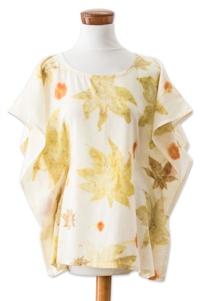 Alternate image for Eco-Printed Leaf-Themed Green and Ivory Cotton Caftan Magic Summer