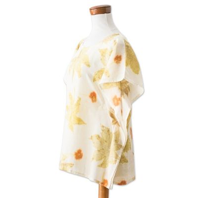 Alternate image for Eco-Printed Leaf-Themed Green and Ivory Cotton Caftan Magic Summer