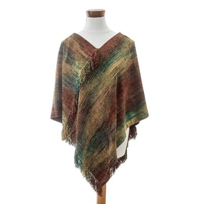 Alternate image for Handwoven Cotton Blend Poncho in Red and Turquoise Hues Autumn Dreams