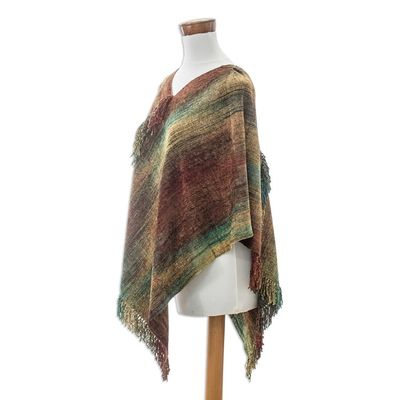 Alternate image for Handwoven Cotton Blend Poncho in Red and Turquoise Hues Autumn Dreams