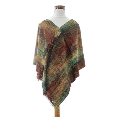 Alternate image for Handwoven Cotton Blend Poncho in Red and Turquoise Hues Autumn Dreams