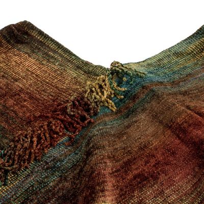 Alternate image for Handwoven Cotton Blend Poncho in Red and Turquoise Hues Autumn Dreams