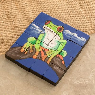 Alternate image for Hand-Painted Frog-Themed Pinewood Puzzle with 16 Pieces Tropical Croak