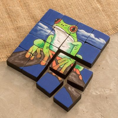 Alternate image for Hand-Painted Frog-Themed Pinewood Puzzle with 16 Pieces Tropical Croak