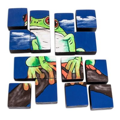Alternate image for Hand-Painted Frog-Themed Pinewood Puzzle with 16 Pieces Tropical Croak
