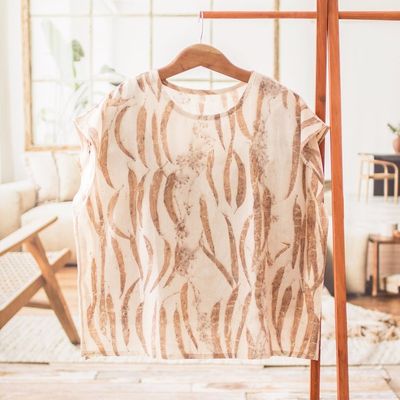 Alternate image for Eco-Printed Leaf-Themed Brown Cotton Caftan from El Salvador Magic Autumn