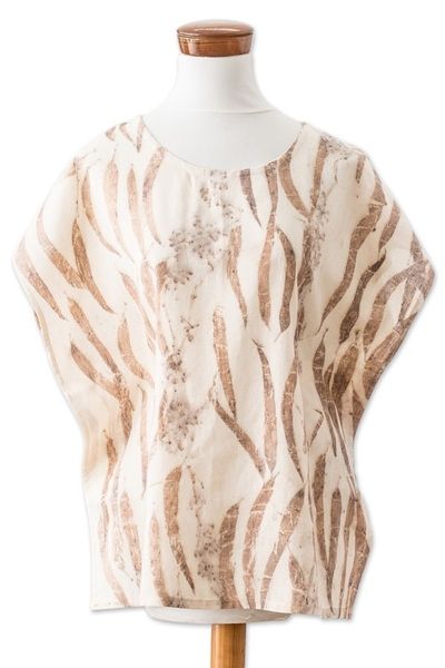 Alternate image for Eco-Printed Leaf-Themed Brown Cotton Caftan from El Salvador Magic Autumn