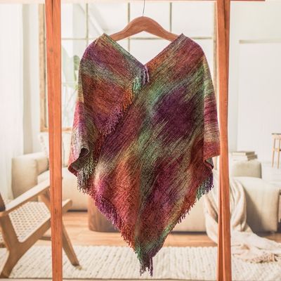 Alternate image for Handwoven Cotton Blend Poncho in a Vibrant Palette Wine Ceremony
