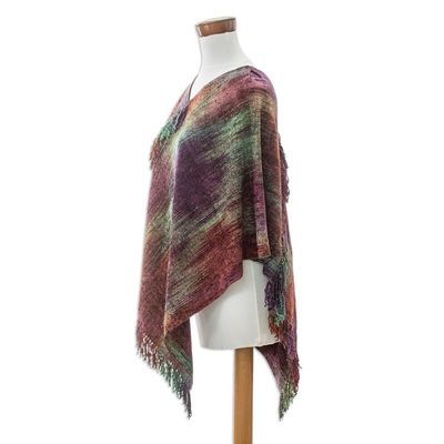Alternate image for Handwoven Cotton Blend Poncho in a Vibrant Palette Wine Ceremony