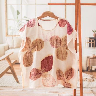 Alternate image for Eco-Printed Leaf-Themed Brown and Burgundy Cotton Caftan Magic Spring