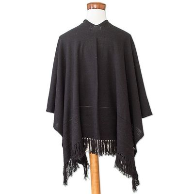 Alternate image for Black Cotton Ruana with Fringe Handwoven in Guatemala Ancestral Elegance