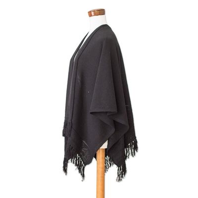 Alternate image for Black Cotton Ruana with Fringe Handwoven in Guatemala Ancestral Elegance