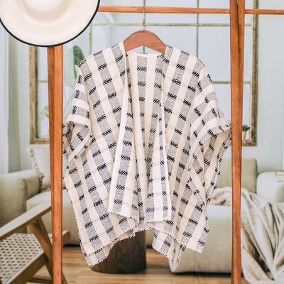 Alternate image for Hand-woven Black and White Ruana Made with 100 Cotton Rustic in Black