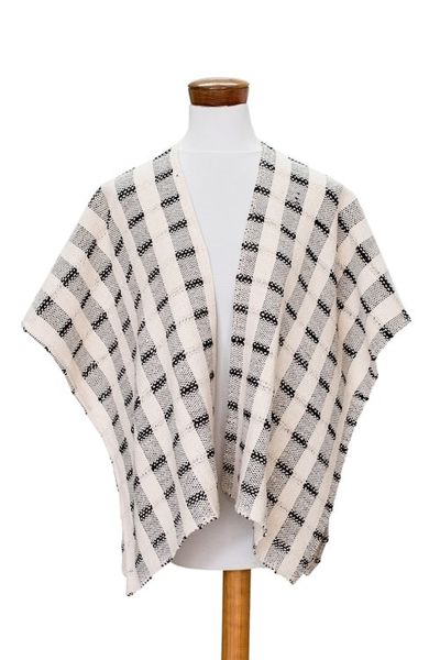 Alternate image for Hand-woven Black and White Ruana Made with 100 Cotton Rustic in Black