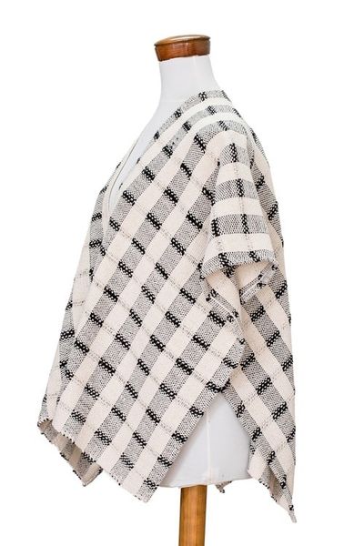 Alternate image for Hand-woven Black and White Ruana Made with 100 Cotton Rustic in Black