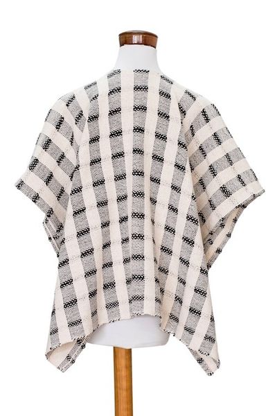 Alternate image for Hand-woven Black and White Ruana Made with 100 Cotton Rustic in Black