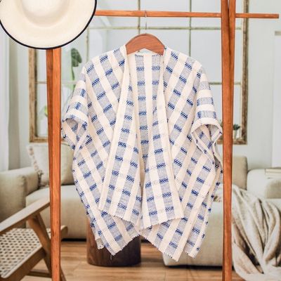 Alternate image for Hand-woven Blue and White Ruana Made with 100 Cotton Rustic in Blue