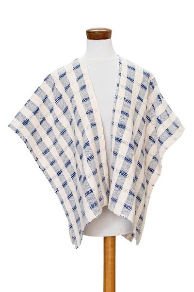 Alternate image for Hand-woven Blue and White Ruana Made with 100 Cotton Rustic in Blue