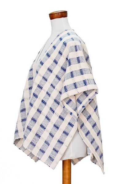 Alternate image for Hand-woven Blue and White Ruana Made with 100 Cotton Rustic in Blue