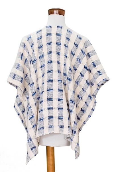 Alternate image for Hand-woven Blue and White Ruana Made with 100 Cotton Rustic in Blue